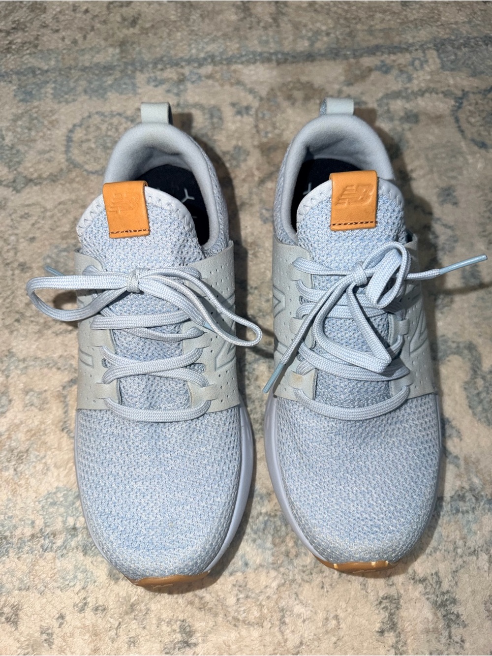 New Balance Pale Blue Knit Sneakers with Tan Pull Tabs